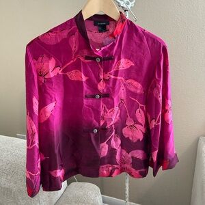 Natori Pink Floral Blouse Mandarin Collar Top XS